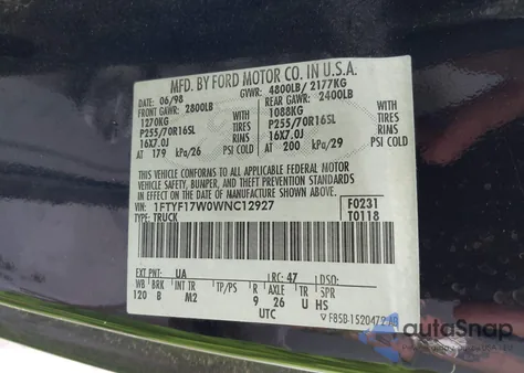 1998 Ford F150 from USA, damaged, VIN 1FTYF17W0WNC12927